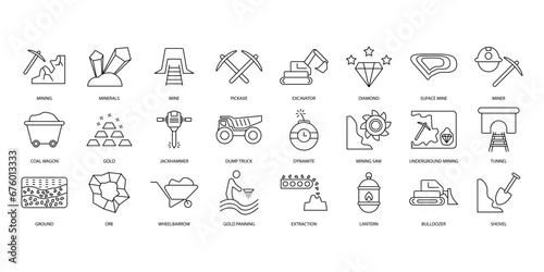Mining icons set. Set of editable stroke icons.Vector set of Mining