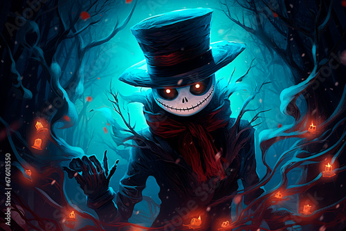 A creepy snowman with glowing eyes and a top hat. Generative AI