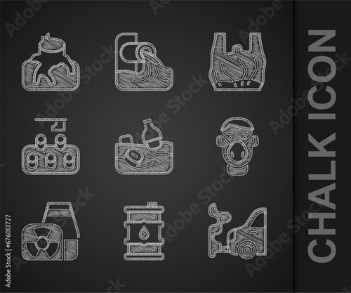 Set Problem pollution of the ocean, Barrel oil, Car exhaust, Face in protective mask, Nuclear power plant, Deforestation, Say no to plastic bags poster and icon. Vector