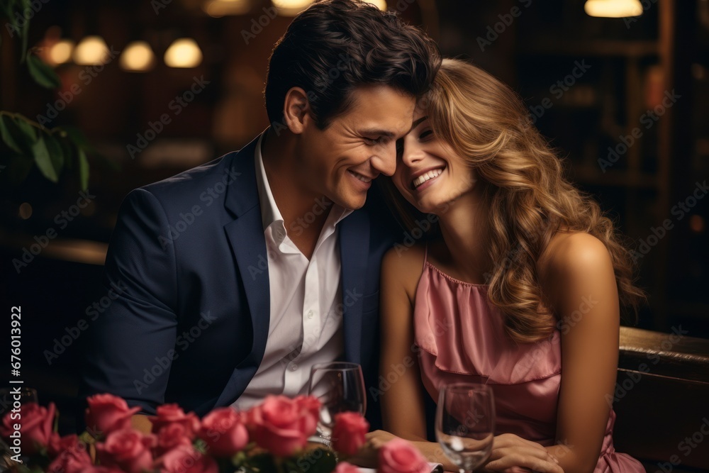 Handsome elegant man is holding roses and covering his girlfriend's eyes while making a surprise in restaurant.