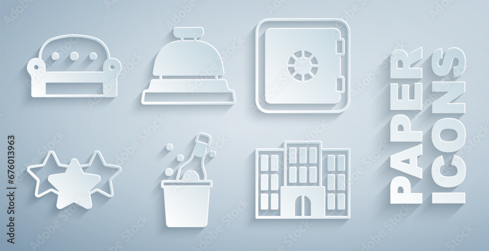 Set Bottle of champagne, Safe, Stars rating, Hotel building, service bell and Sofa icon. Vector Set Bottle of champagne, Safe, Stars rating, Hotel building, service bell and Sofa icon. Vector