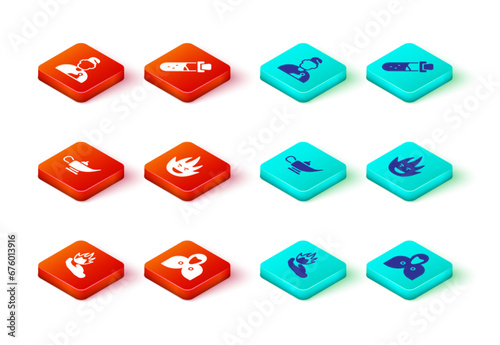 Set Hand holding a fire, Mantle, cloak, cape, Magic lamp or Aladdin, Fire flame, Bottle with potion and Wizard warlock icon. Vector