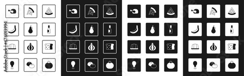 Set Watermelon, Pear, Banana, Roasted turkey or chicken, Tabasco sauce, Slice of pizza, Bread toast and Jelly cake icon. Vector