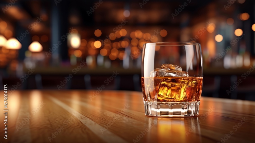 Glass of whiskey with ice on wooden table in bar. Blurred background