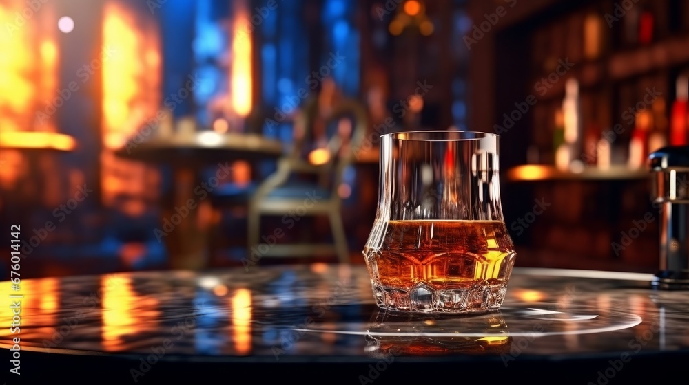 Glass of whiskey on a wooden table in a pub or restaurant. Glass of whiskey on a wooden table in a pub or restaurant.
