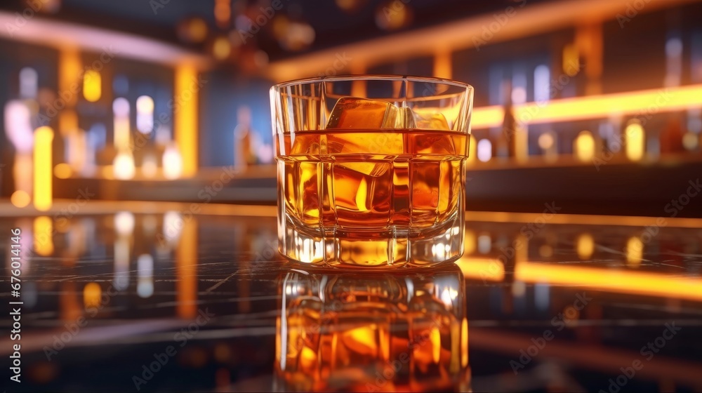Glass of whiskey on the rocks on the bar counter in a nightclub Glass of whiskey on the rocks on the bar counter in a nightclub