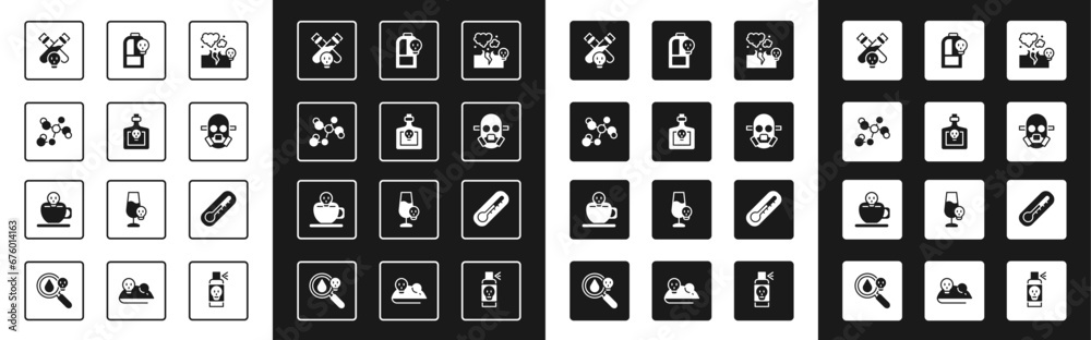 Set Poisonous cloud of gas or smoke, Bottle with potion, Chemical formula, Gas mask, Beaker toxic liquid, Thermometer and Coffee cup skull icon. Vector Set Poisonous cloud of gas or smoke, Bottle with potion, Chemical formula, Gas mask, Beaker toxic liquid, Thermometer and Coffee cup skull icon. Vector