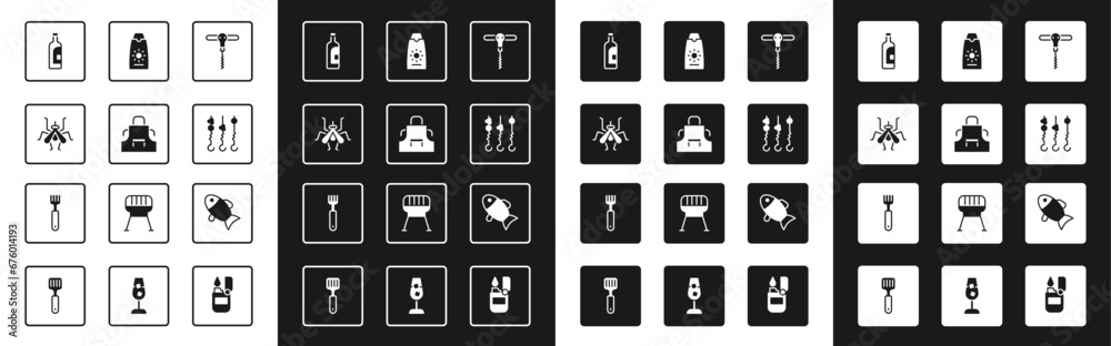 Set Wine corkscrew, Kitchen apron, Mosquito, Bottle of wine, Grilled shish kebab skewer, Sunscreen cream tube, Fish and Fork icon. Vector Set Wine corkscrew, Kitchen apron, Mosquito, Bottle of wine, Grilled shish kebab skewer, Sunscreen cream tube, Fish and Fork icon. Vector