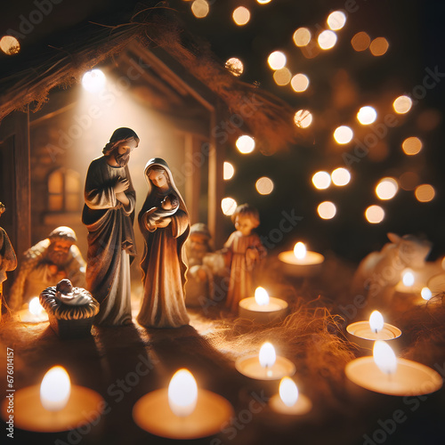 A scene with soft, warm lighting that accentuates the traditional character of a Christmas nativity. 