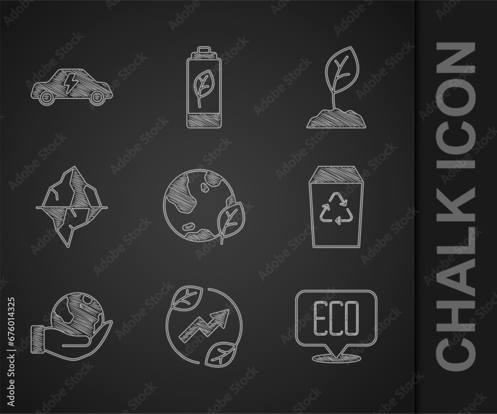 Set Earth globe and leaf, Electric saving plug in, Leaf Eco symbol, Recycle bin, Hand holding, Iceberg, Sprout and car icon. Vector