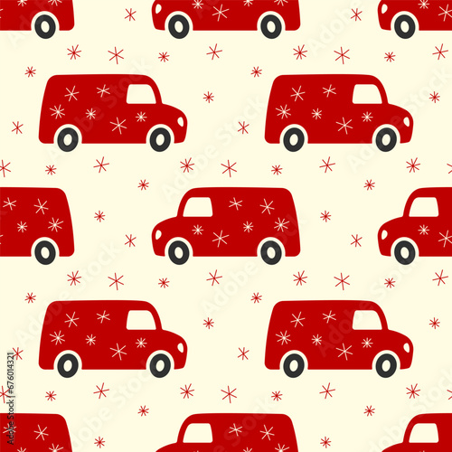 Small red Christmas delivery vans and snowflakes isolated on a white background. Cute holiday seamless pattern. Vector simple flat graphic illustration. Texture.