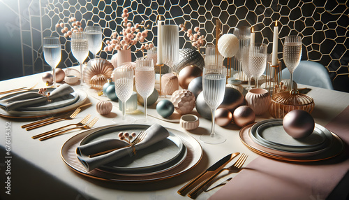 A festive table setting for New Year's, featuring modern tableware and decorations 