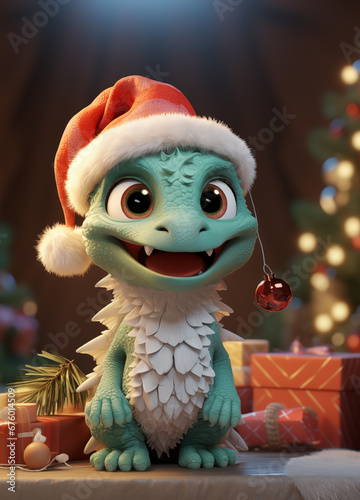 ai generated image of a cute cartoon dragon on festive christmas background