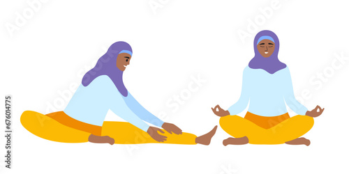 Muslim hijab woman doing yoga exercise. Arabian female muslim healthy lifestyle. Body positive concept vector illustration.