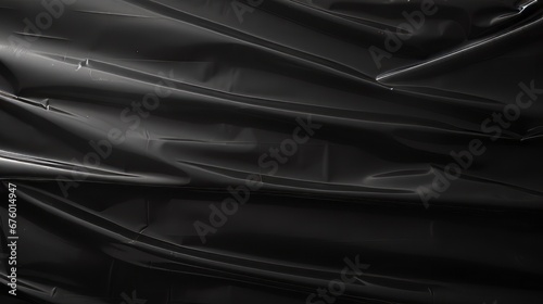 Realistic plastic wrap texture on black background. Wrinkled packaging photo