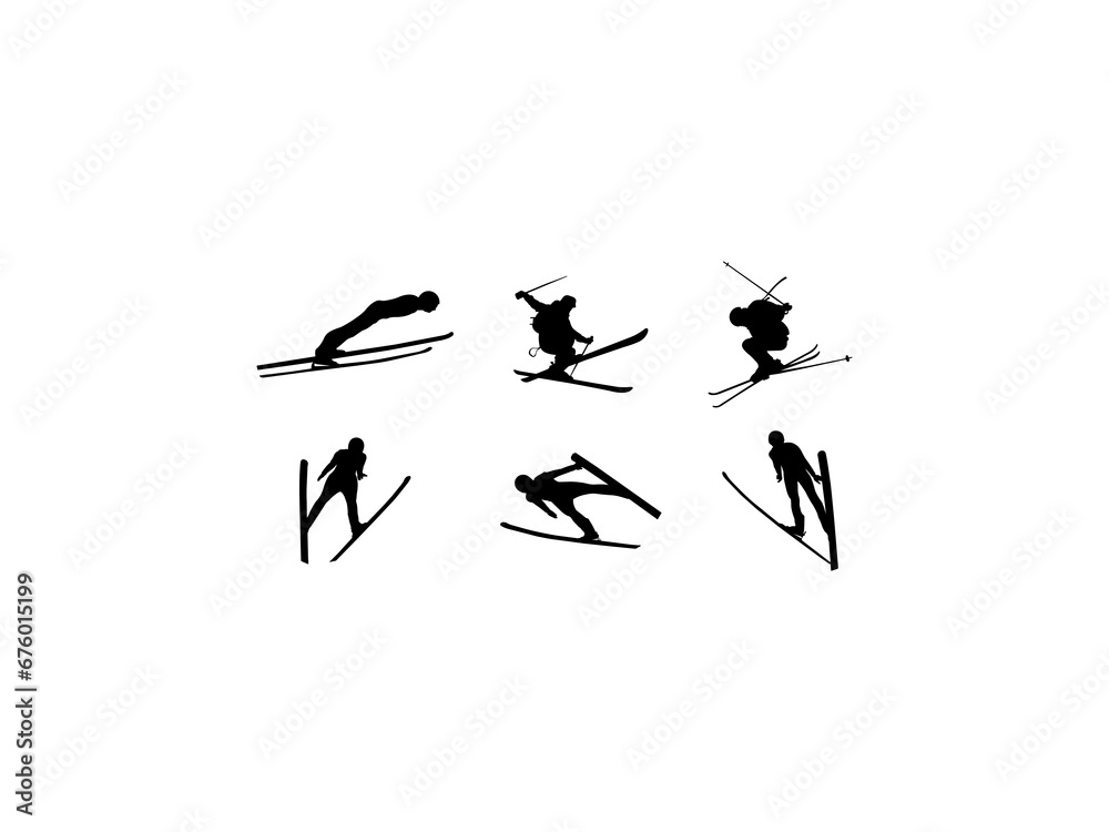 Set of Ski Jump Silhouette in various poses isolated on white background