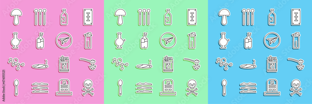 Set line Skull on crossbones, Heroin in a spoon, Lighter, Alcohol drink bottle, Bong for smoking marijuana, Glass bong, Psilocybin mushroom and Messenger icon. Vector Set line Skull on crossbones, Heroin in a spoon, Lighter, Alcohol drink bottle, Bong for smoking marijuana, Glass bong, Psilocybin mushroom and Messenger icon. Vector