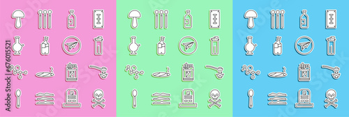 Set line Skull on crossbones, Heroin in a spoon, Lighter, Alcohol drink bottle, Bong for smoking marijuana, Glass bong, Psilocybin mushroom and Messenger icon. Vector