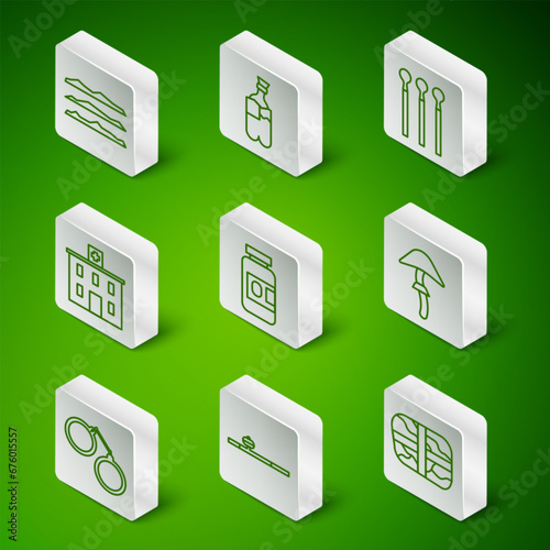 Set line Package with cocaine, Opium pipe, Cocaine or heroin drug, Medicine bottle and pills, Medical hospital building, Bong for smoking marijuana, Handcuffs and Psilocybin mushroom icon. Vector