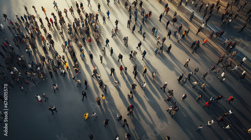 Aerial View: Crowd of People Walking on Urban Road