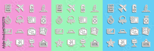 Set line Signboard with text Hotel, Photo, Sunscreen spray bottle, Please do not disturb, Jellyfish, Compass, Passport and camera icon. Vector