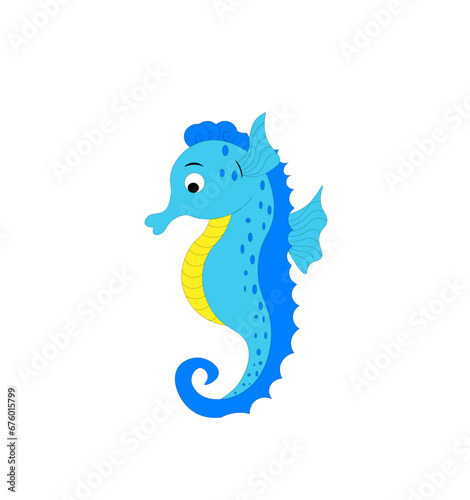 Fototapeta Naklejka Na Ścianę i Meble -  Blue cartoon seahorse isolated on white background. Vector illustration, print for background, print on fabric, paper, wallpaper, packaging.