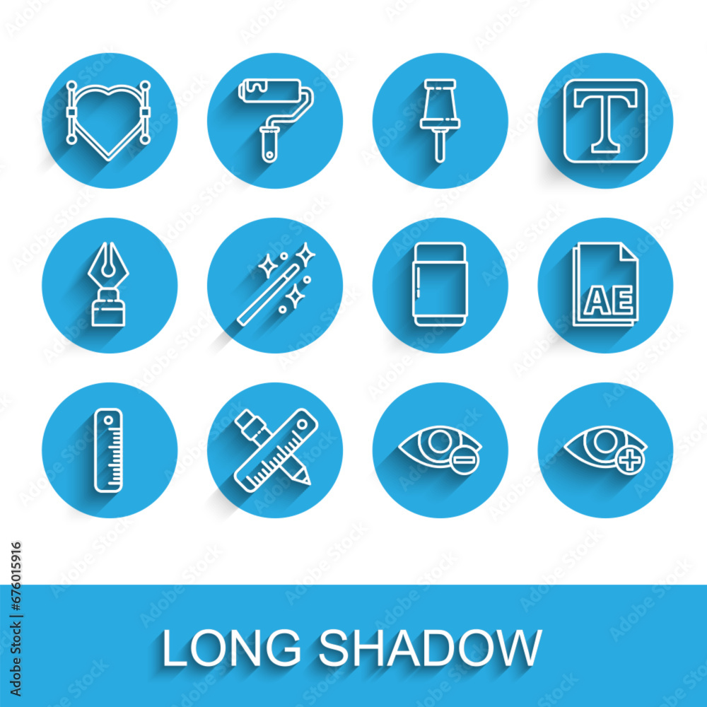 Set line Ruler, Crossed ruler and pencil, Heart with Bezier curve, Red eye effect, Magic wand, AE file document and Eraser or rubber icon. Vector Set line Ruler, Crossed ruler and pencil, Heart with Bezier curve, Red eye effect, Magic wand, AE file document and Eraser or rubber icon. Vector