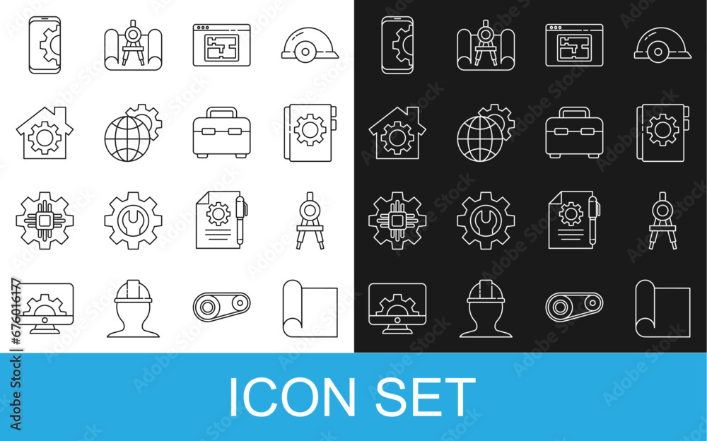 Set line Graphing paper for engineering, Drawing compass, User manual, House plan, Globe of the Earth and gear, with, Setting on smartphone and Toolbox icon. Vector