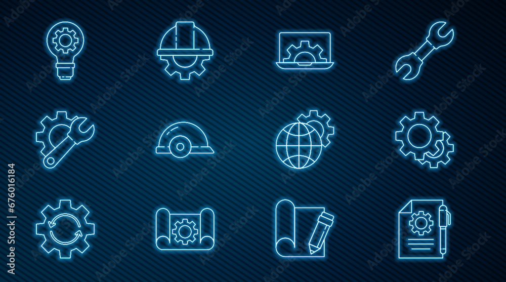 Set line Document settings and pen, Gear, Laptop gear, Worker safety helmet, Wrench spanner, Light bulb, Globe of the Earth and icon. Vector Set line Document settings and pen, Gear, Laptop gear, Worker safety helmet, Wrench spanner, Light bulb, Globe of the Earth and icon. Vector