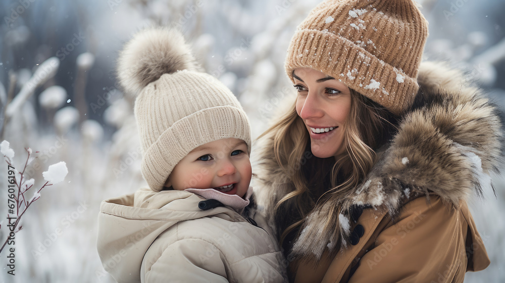 A joyful moment of a smiling woman warmly dressed in winter clothing, holding a cheerful young child, both enjoying a snowy day outdoors.