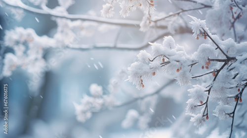A panoramic winter scene with snow-covered tree branches against a soft, hazy background, conveying the quiet and serene atmosphere of a snowy landscape. © MP Studio