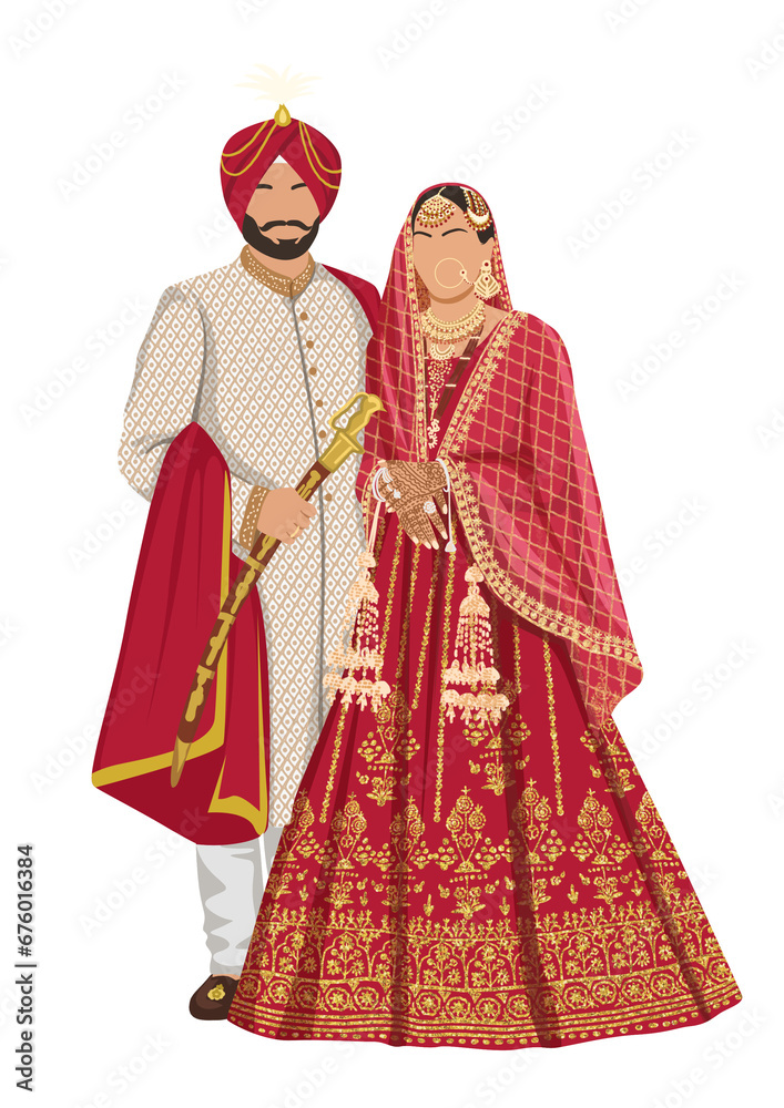 Hand drawn digital Illustration of Punjabi Bride and groom in traditional attire