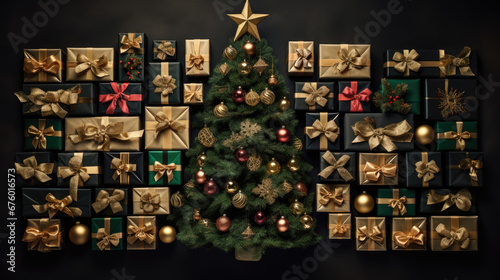 Beautifully decorated Christmas tree surrounded by a multitude of elegantly wrapped gifts, set against a rich teal background.