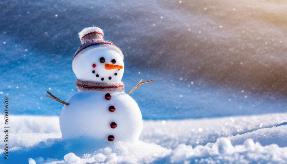Fototapeta premium Small snowman on soft snow with copy space