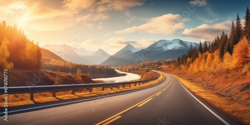 Landscape with empty highway through the mountain pass in fall, Road in mountains at sunny day in golden autumn, Beautiful roadway, orange tress, high rocks, blue sky with clouds, generative ai © OP38Studio