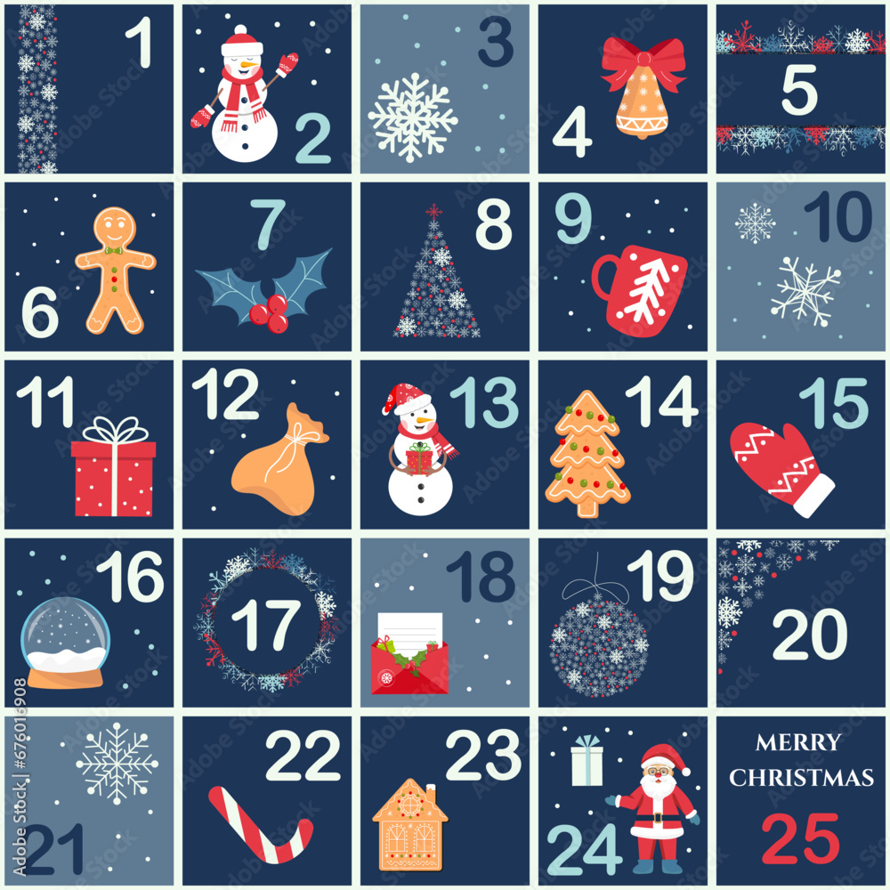Advent calendar with symbol of Christmas. Vector countdown to Xmas with numbers