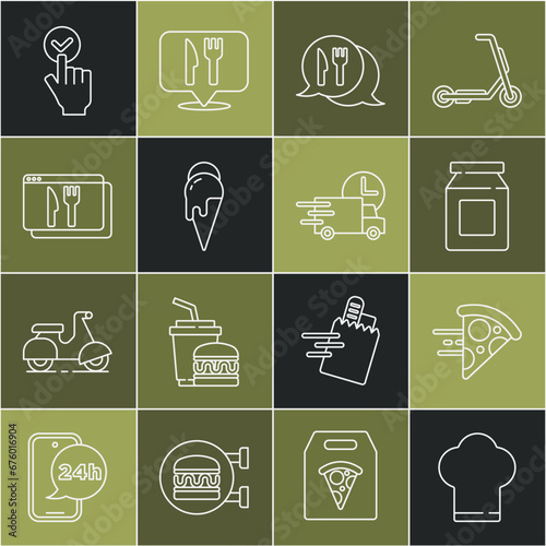 Set line Chef hat, Online ordering pizza delivery, and, Cafe restaurant location, Ice cream, and Fast by car icon. Vector