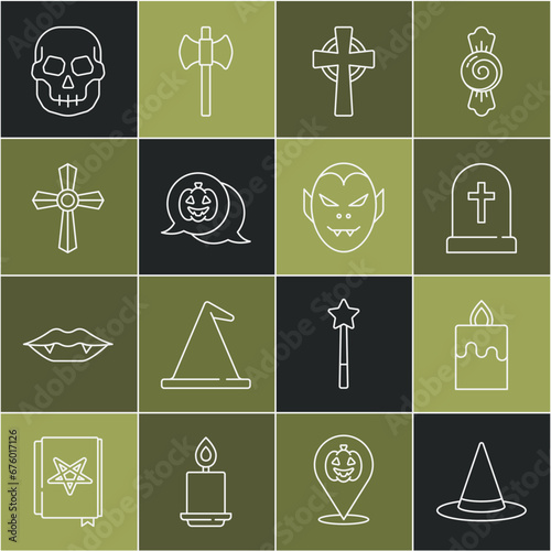 Set line Witch hat, Burning candle, Tombstone with cross, Pumpkin, Skull and Vampire icon. Vector