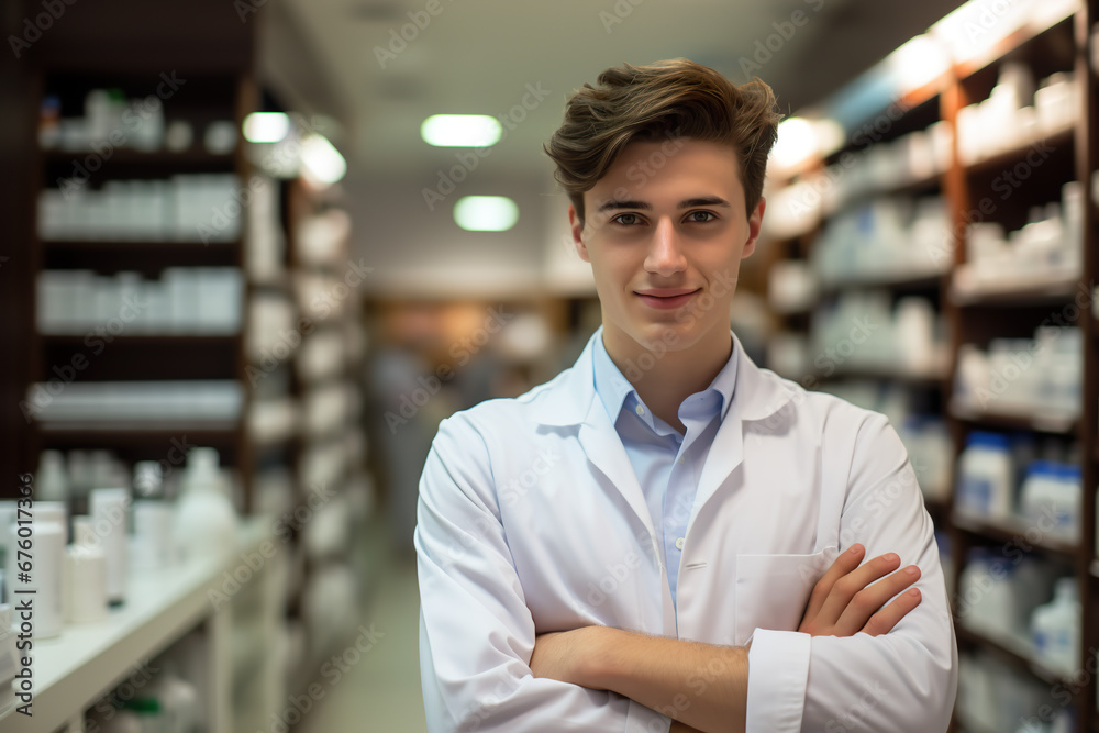 cheerful pharmacy employee standing with arms crossed in front of shelves full of medicine cheerful pharmacy employee standing with arms crossed in front of shelves full of medicine