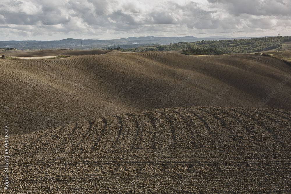 Fototapeta premium Harvested Fields and meadows landscape in Tuscany, Italy. Wavy country scenery at autumn sunset. Arable land ready for the agricultural season.