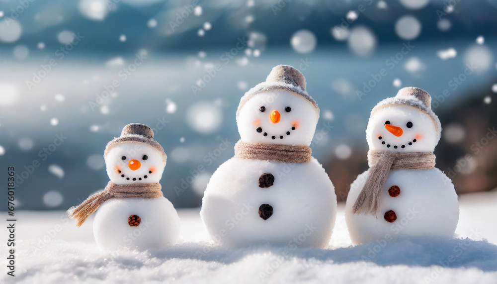 Small snowmans family of three on soft snow with copy space Small snowmans family of three on soft snow with copy space