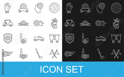 Set line Golf flag, Binoculars, bag with clubs, ball, water, car, glove and icon. Vector