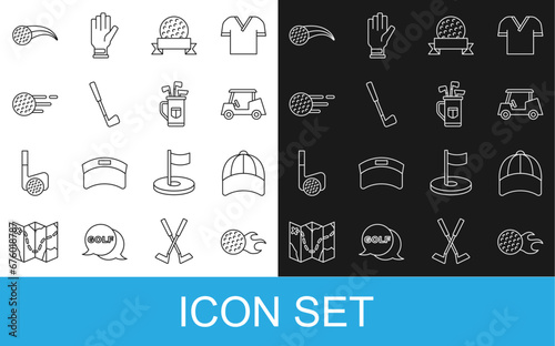 Set line Golf ball, Baseball cap, car, club, and bag with clubs icon. Vector