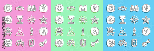 Set line Old key  Yin Yang  Pentagram  Ancient magic book  Medieval goblet  Comet falling down fast  Life and Diamond icon. Vector