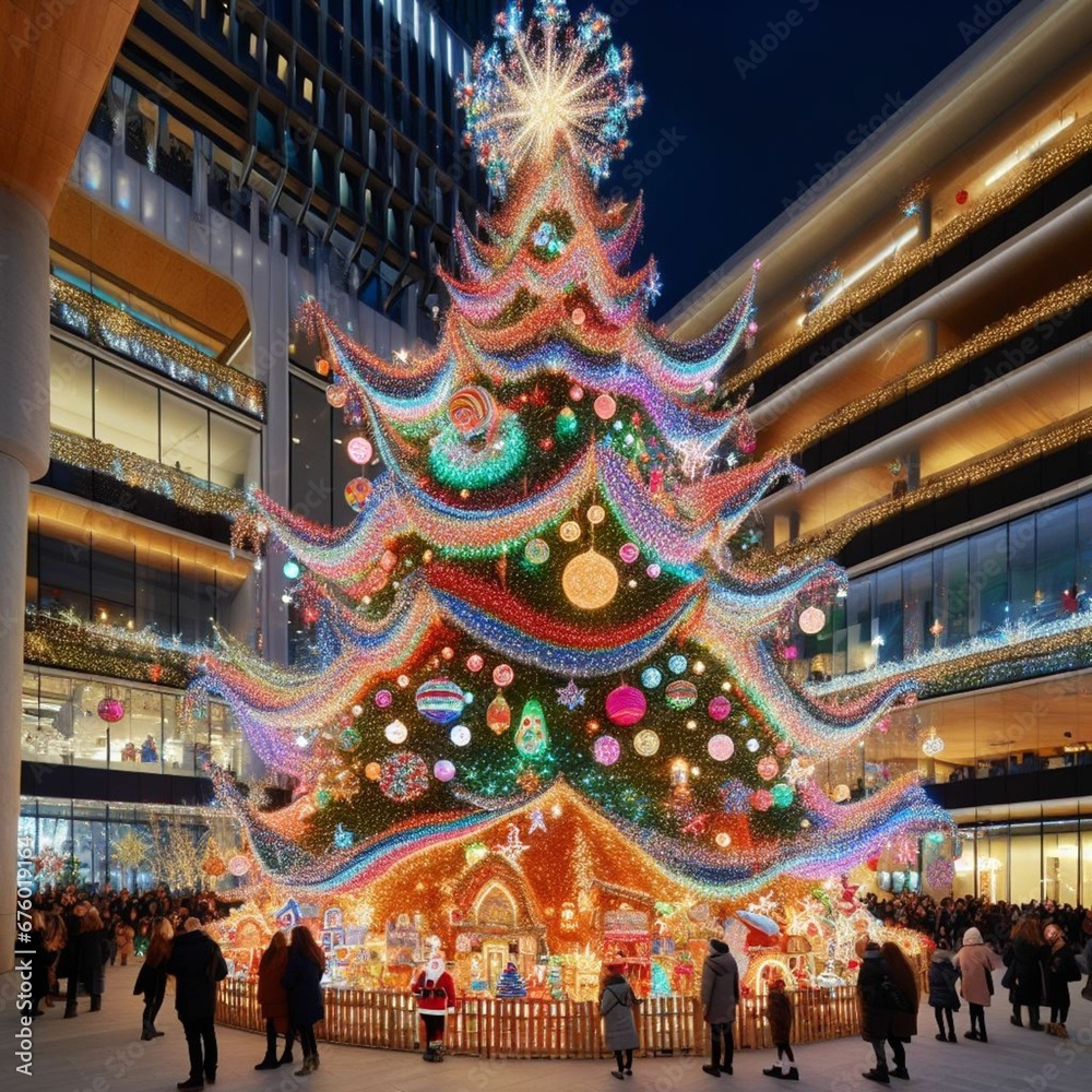 Magical and cozy Christmas tree in a modern city square