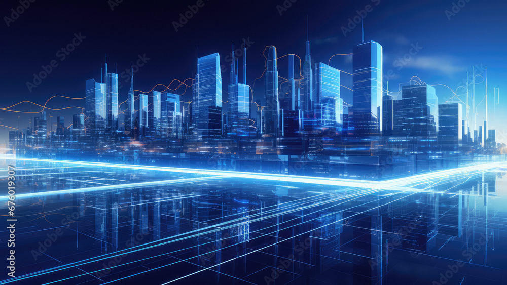 Nighttime urban skyline with illuminated skyscrapers and cityscape. Technology in city architecture Nighttime urban skyline with illuminated skyscrapers and cityscape. Technology in city architecture
