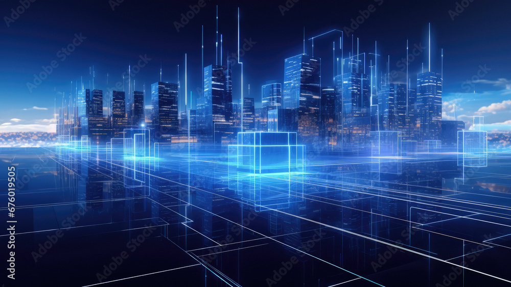 Nighttime urban skyline with illuminated skyscrapers and cityscape. Technology in city architecture Nighttime urban skyline with illuminated skyscrapers and cityscape. Technology in city architecture