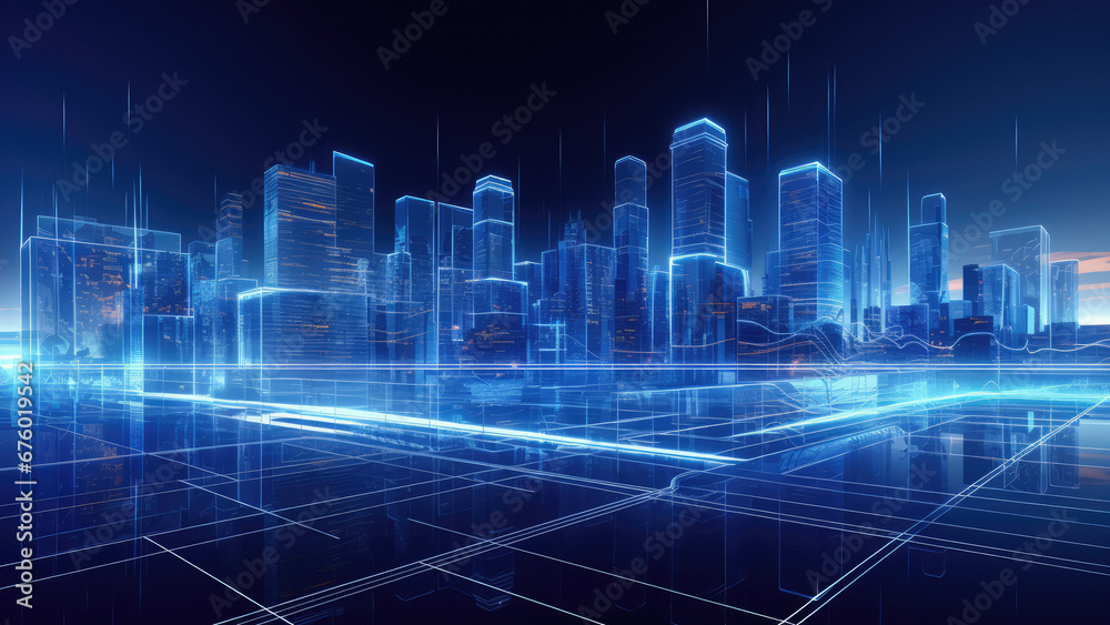 Fototapeta premium Nighttime urban skyline with illuminated skyscrapers and cityscape. Technology in city architecture