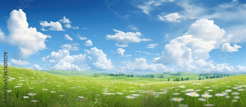 In the background of an incredibly vast landscape the summer sky stretches endlessly a tapestry of white clouds against the vibrant blue that complements the lush green grass and blooming f