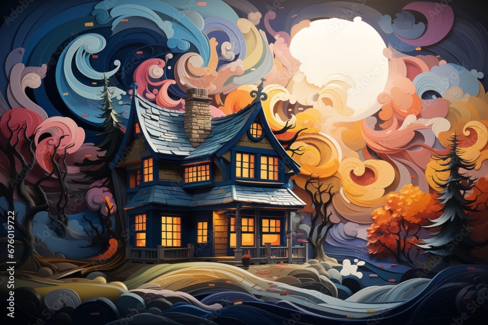 Obraz premium Illustration of a beautiful wooden house with lights and colored trees amidst moonlight in the style of colorful turbulence.